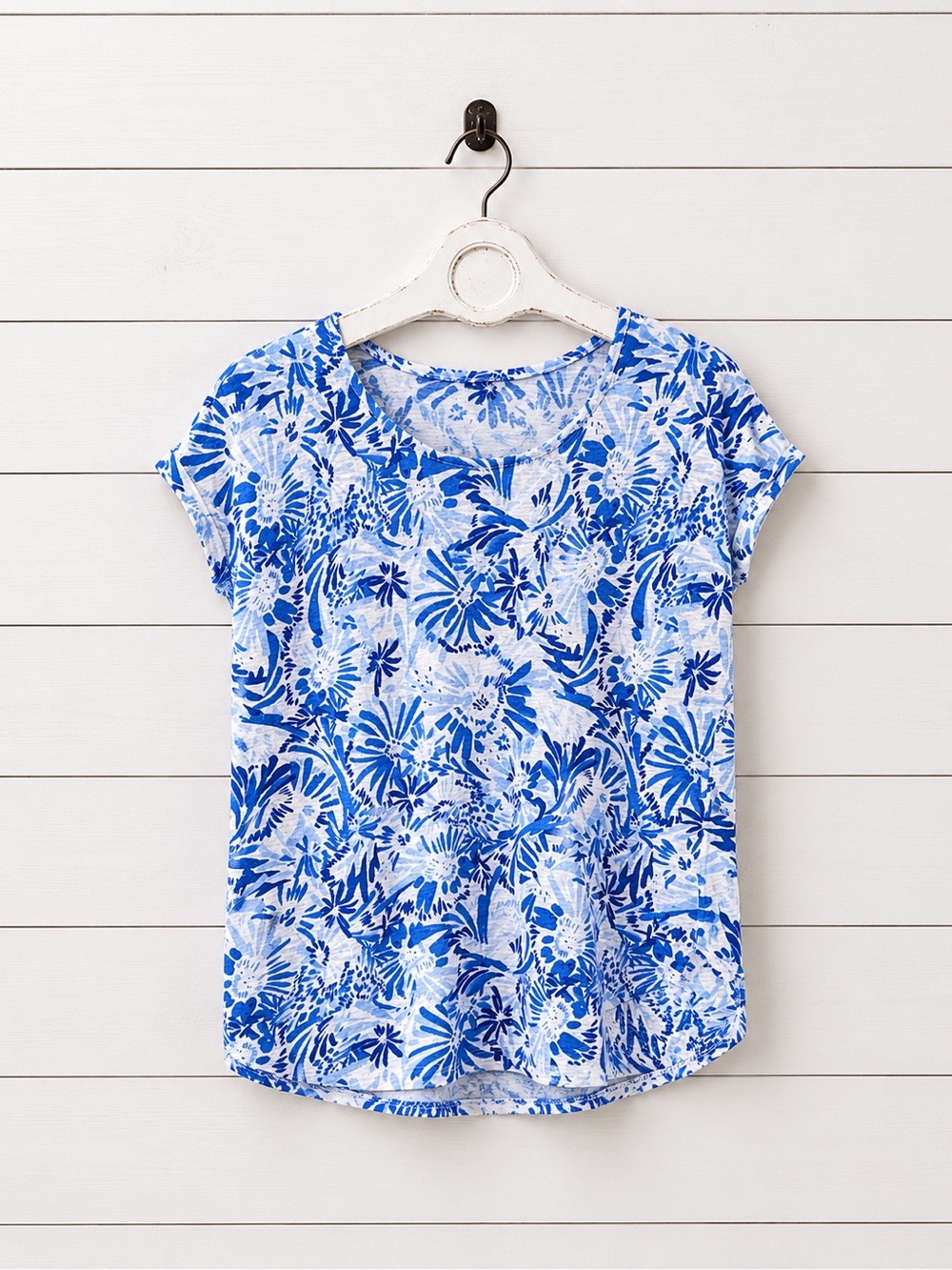 Joie Blue & White Floral Short Sleeve Linen Tee